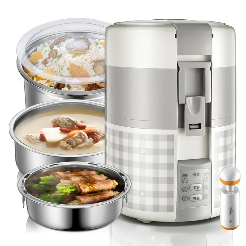 220V Portable Electric Lunch Box Stainless Steel Three layer Insulated