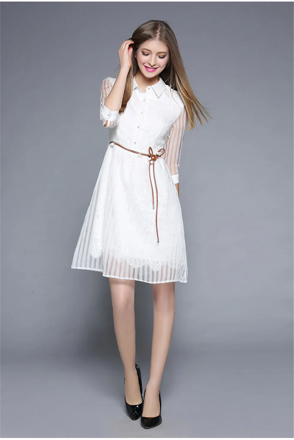 Fashion White Sweet Dress 2017 Summer&Autumn High Quality Chiffon Half Sleeve Casual Party Dress Hollow out Sashes Pearl Vestido (2)