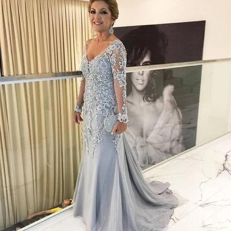 

Illusion Long Sleeve Mother Of The Bride Lace Dresses For Wedding V-neck Mermaid Satin Appliques Dresses vestido de madrinha