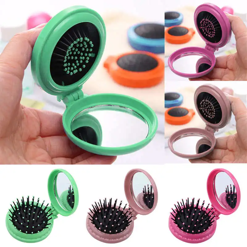 

Portable Round Pocket Small Size Travel Massage Folding Comb Girl Hair Brush With Mirror Styling Tools 3 Color
