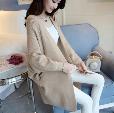 Long Sweater Coat Women's Autumn Fashion Bat Cardigan Knitted Jacket Casual Korean style Loose chaqueta de punto Cape Shirt f973 - Цвет: khaki