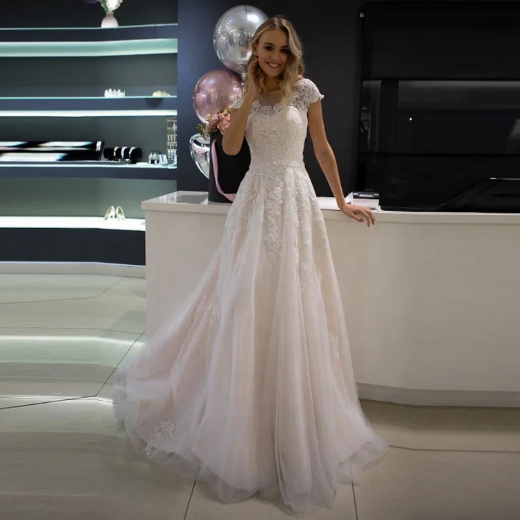Cap-Sleeves-A-Line-Romantic-Blush-Wedding
