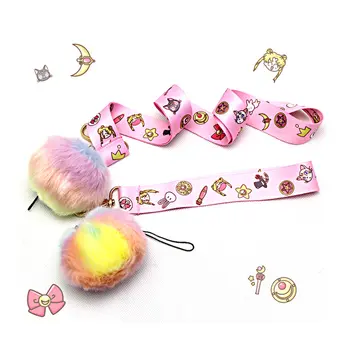 

Pink Girl Hangers Long Neck Strap with Plush Pom pom Balls DIY Craft Decor Jewelry Pendant Lanyard Kawaii Sailor Moon