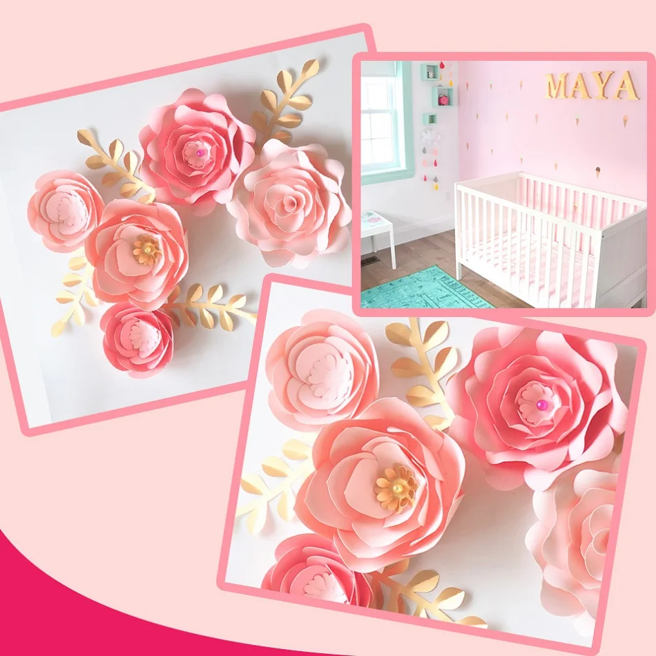 Handmade Cardstock Baby Pink Fleur DIY Paper Flowers Gold Leaves Set 4