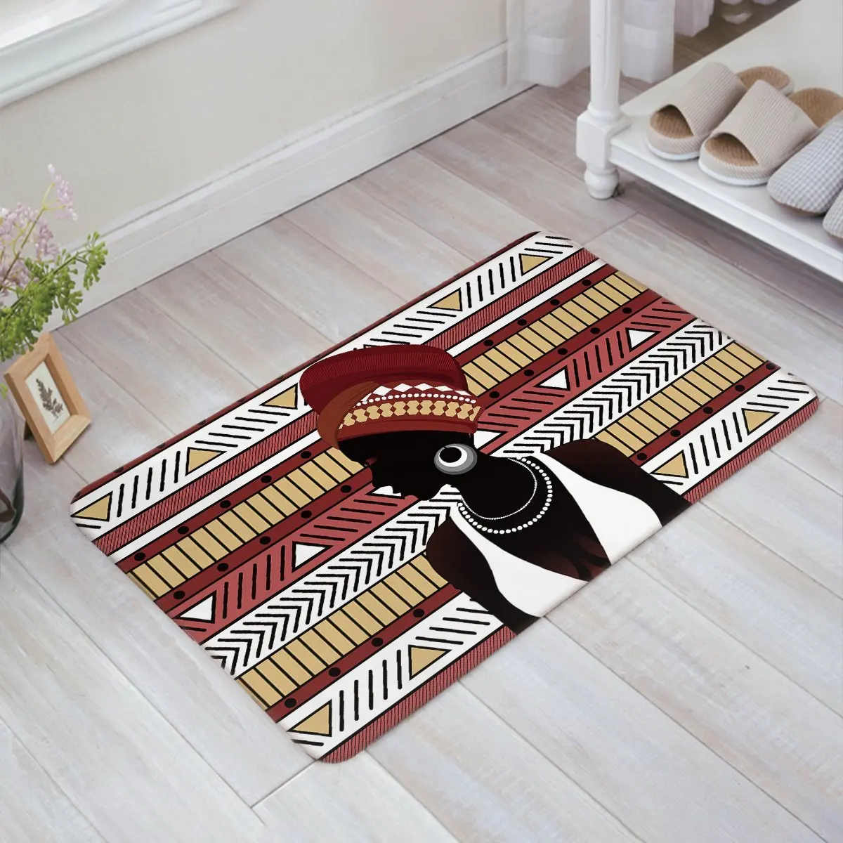 African Women with Bohemian Geometric Stripes Print Doormat Mat