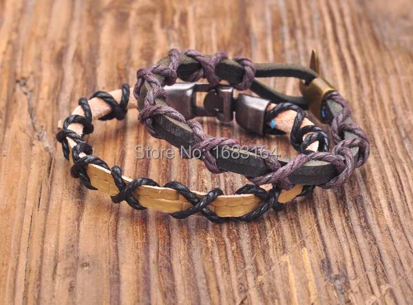 

G156 Lot 2pc Leather Hemp Braided Surfer Wristband Bracelet Cuff Metal Clasp NEW Mens