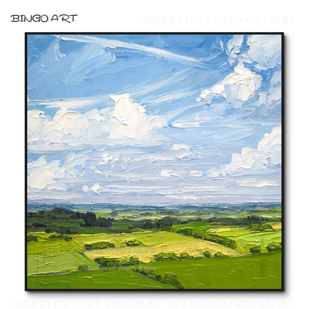 Artist Handpainted Beautiful Blue Sky And Green Landscape Oil Painting