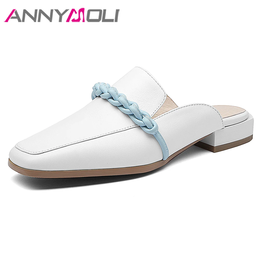

ANNYMOLI Women Shoes Summer Sandals Cow Leather Flat Mules Square Toe Slides Spring Ladies Comfortable Casual Shoes 2019 34-39