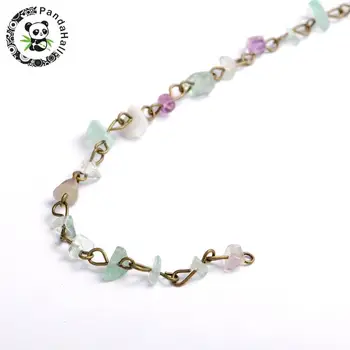 

Handmade Natural Fluorite Chips Beads Chains for Neckalces Bracelets Making, with Antique Bronze Iron Eyepins, 39.3"; Beads: