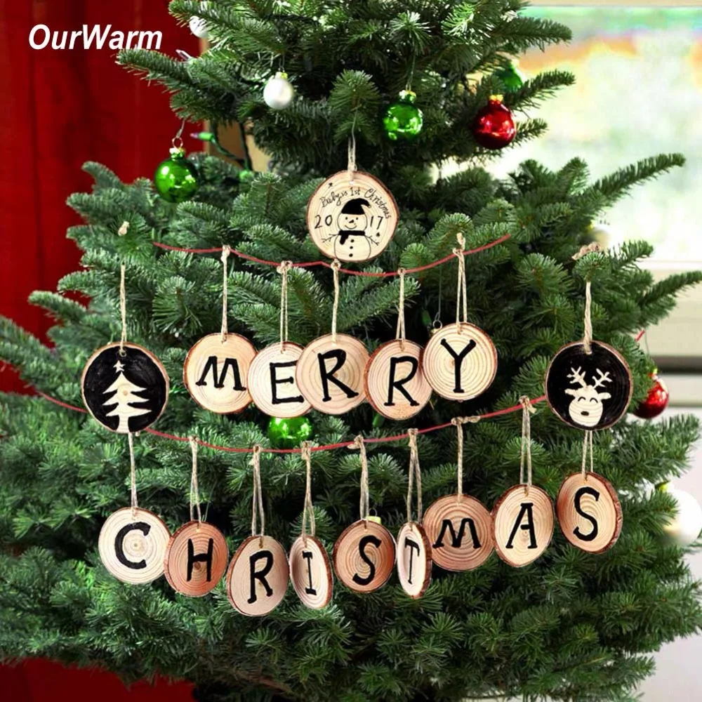 Ourwarm 20pcs Christmas Tree Hanging Ornaments 5 6cm Round Wood Slice
