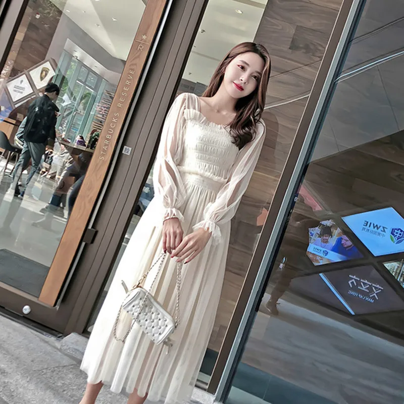 

BLLOCUE 2019 New Arrival Spring Luxury Runway Mesh Dress Women Lantern Sleeve Vintage Chic Dress Vestidos