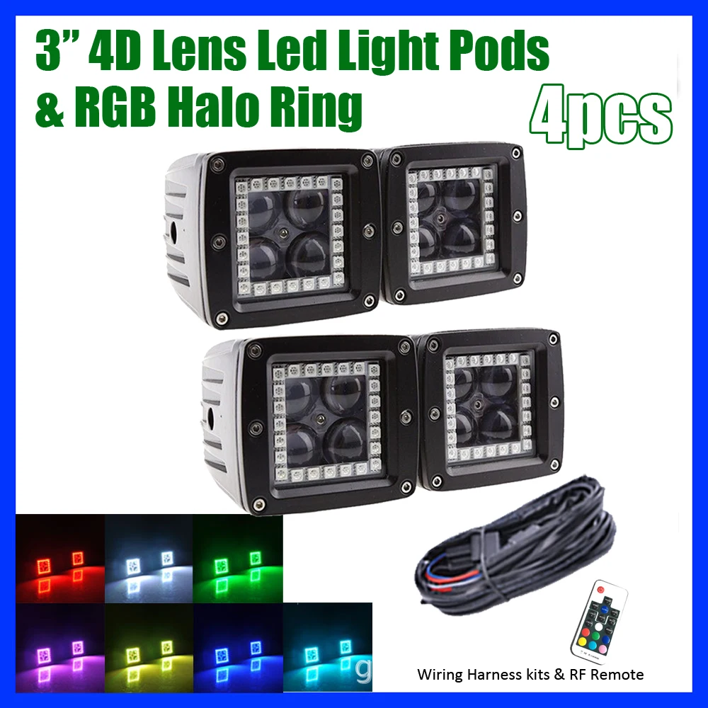 

1 Set 4PCS 3INCH LED Work Light Bar Spot/Flood Cube Pods 4D Lens with RGB Halo Ring Strobeflash Color Changing & Wiring Harness