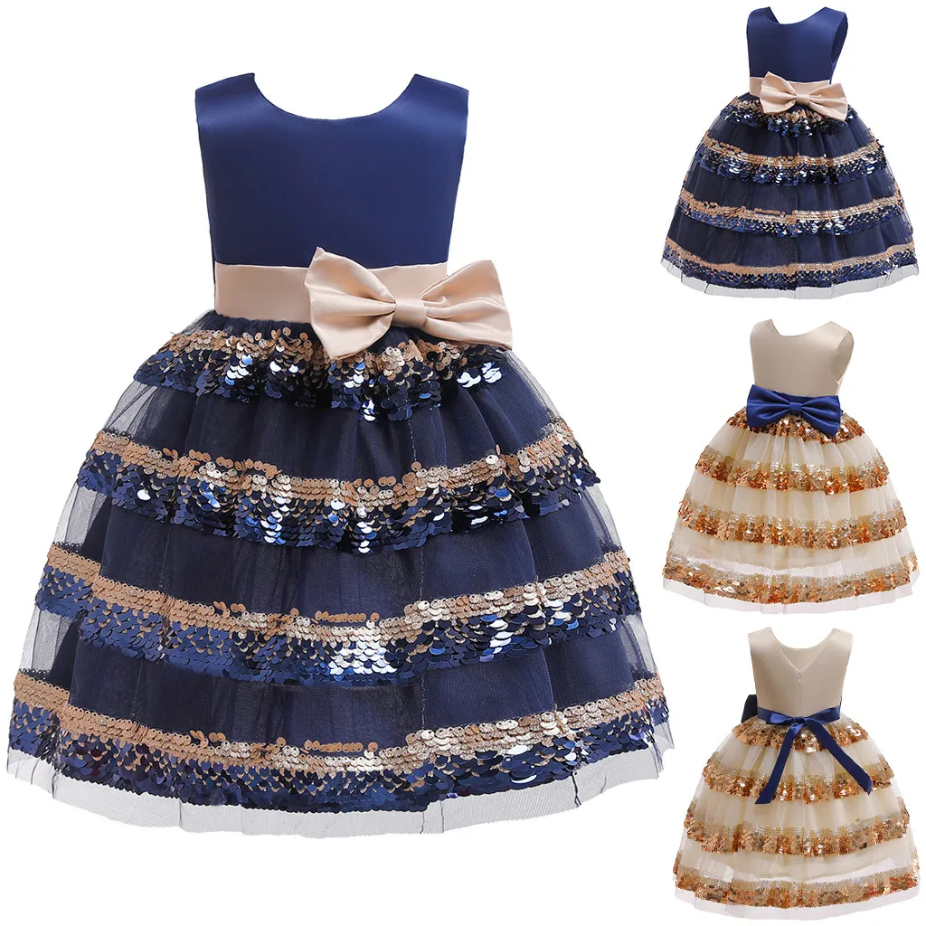 

Baby Girl Ceremonies Princess Dress Kids Sleeveless Bowknot Sequins Lace Dresses Wedding Party Girls Clothes Vestidos Robe Fille