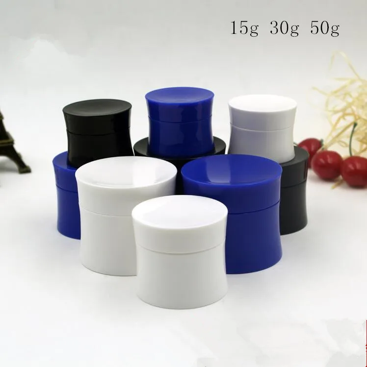 

Free Shipping 15g 30g 50g Empty White Black Blue Plastic Cosmetic Cream jars Top Grade Lucifugal Empty Cosmetic Containers