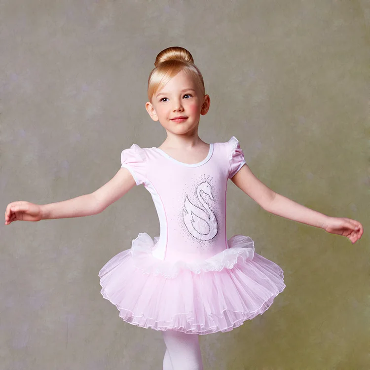 Girls Ballet Dress Dance Clothing Pink Short Sleeved Lace Swan Lake