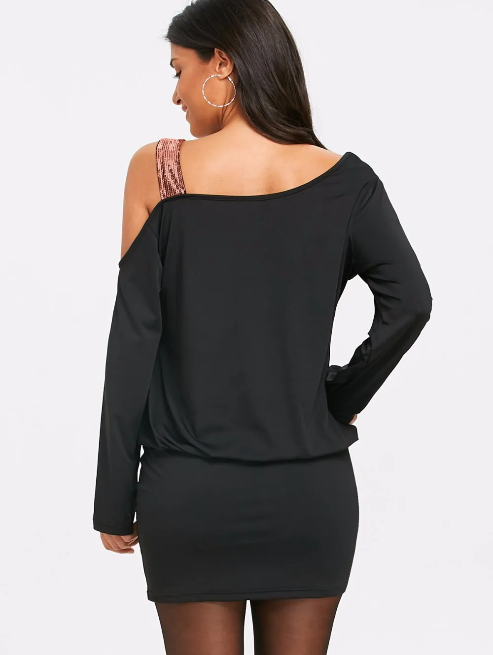 VESTLINDA Long Sleeve Sequins Cold Shoulder Blouson Dress Robe Female Casual Skew Collar Mini Bodycon Dresses Vestidos De Festa 10