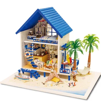 

Miniature Dollhouse Furniture Kits Wooden Aegean Sea Beach Villa Model DIY Dolls House Toys For Children Kids Birthday Xmas Gift
