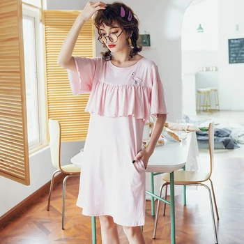 

Pink nightdress for young girls summer cotton nightdress female sweet lovely cartoon short sleeve pijama female casual tracksuit