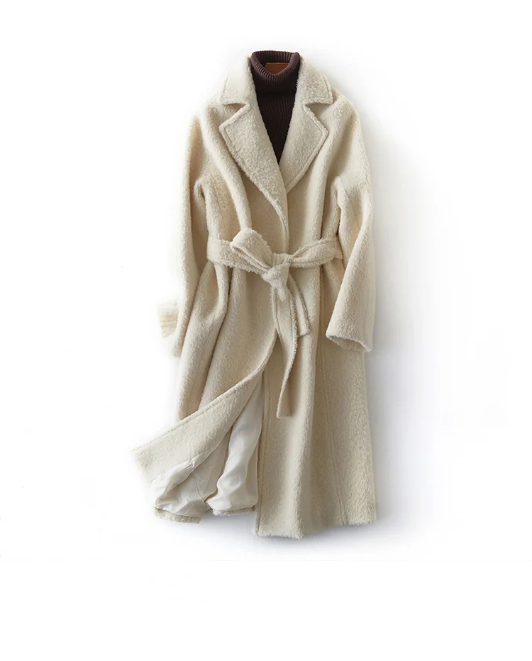 Настоящее пальто с мехом женские на осень-зиму теплые Шерстяной Тренч Шерсть Альпака меховая куртка Женская мода Тонкий Длинный дизайн npi 80316c