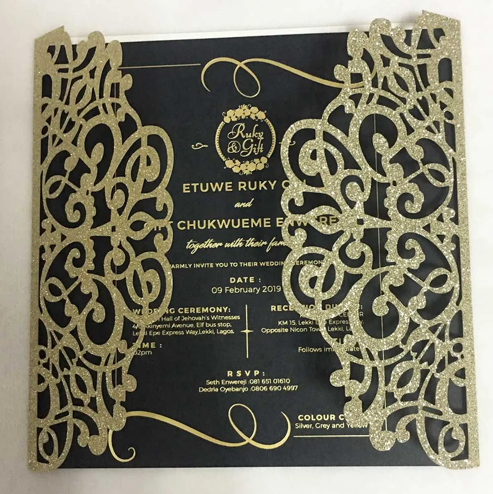 Champagne gold Прямая 50X серебристо-Золотая блестящая бумага полые и цветок Лазерная резка пригласительные свадебные пригласительные открытки с конвертом - Цвет: Champagne gold