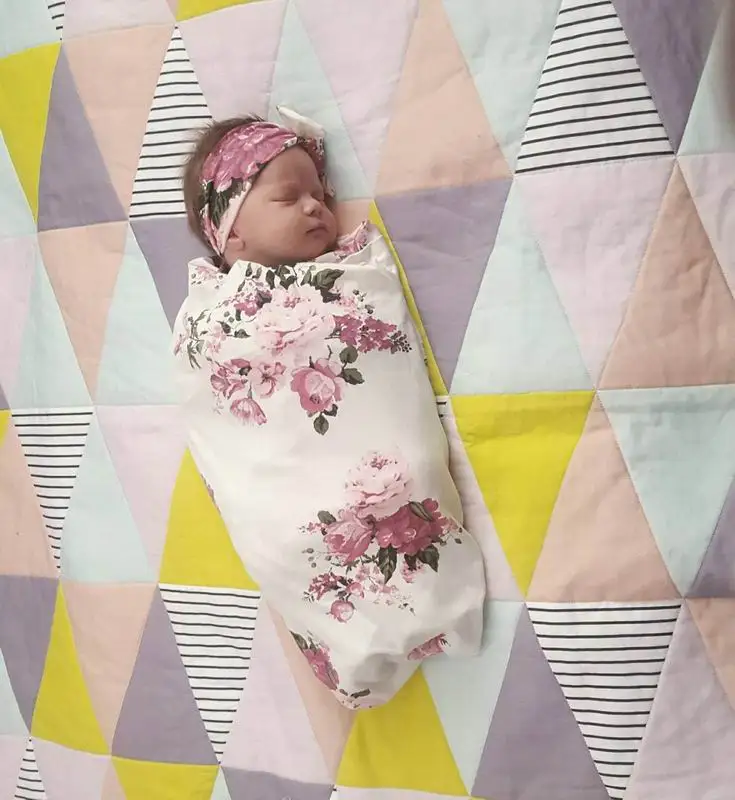 Розничная, хлопчатобумажное одеяльце хлопковые пеленки с розами для новорожденных девочек, с повязкой на голову, комплекты из 2 предметов для детей от 0 до 3 месяцев, E624 - Цвет: 4