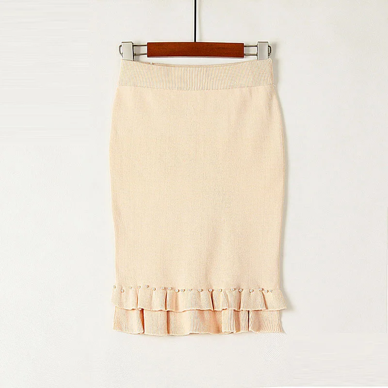 ShejoinSheenjoy Split Ruffles Hem Knitted Midi Women Skirt Beading High-Waist Autumn Winter Skirts Womens Bodycon Students Skirt (3)