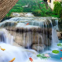 3D фотообои с водопадом лотосом карпом для ванной комнаты