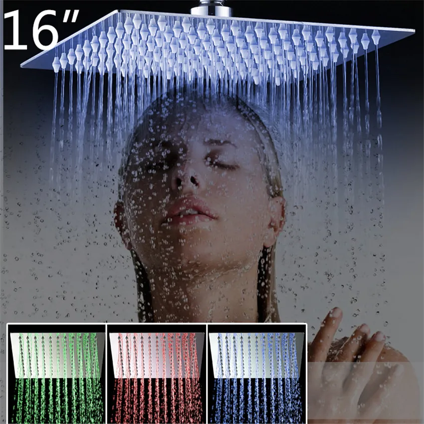 

Torayvino 3 Colors LED Perfect Luxury Hot Sale LED Square Rain 16" Shower Head Wall Ceiling Mounted Top Over-head Shower Sprayer