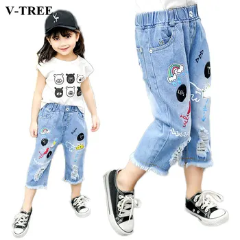 

Summer Style Children Pants Capri Denim Pants For Girls Teenager Printed Pants Kids Jeans Baby Ripped Jeans