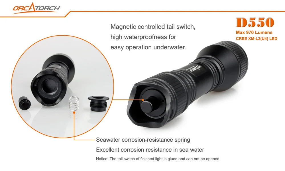 ORCATORCH D550 светодиодный фонарик Дайвинг подводная 150 м 1000lm 10 Вт Резервное копирование основной фонарь для дайвинга на литиумовой батарее 1x18650 Батарея