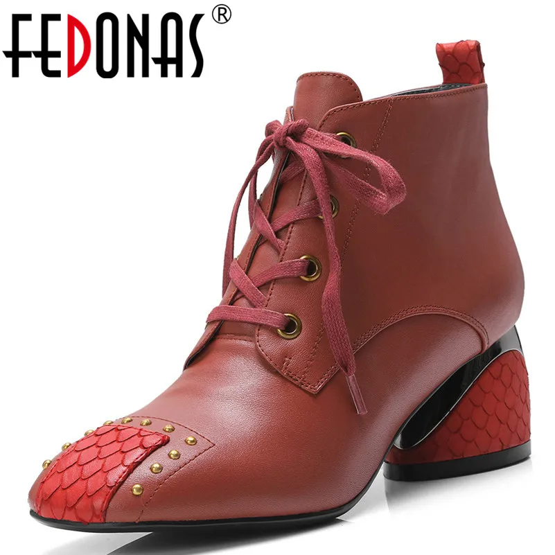 

FEDONAS 2019 Ankle Boots For Women High Heels Lace Up Martin Shoes Woman Square Toe Autumn Winter Short Boots Female New Shoes