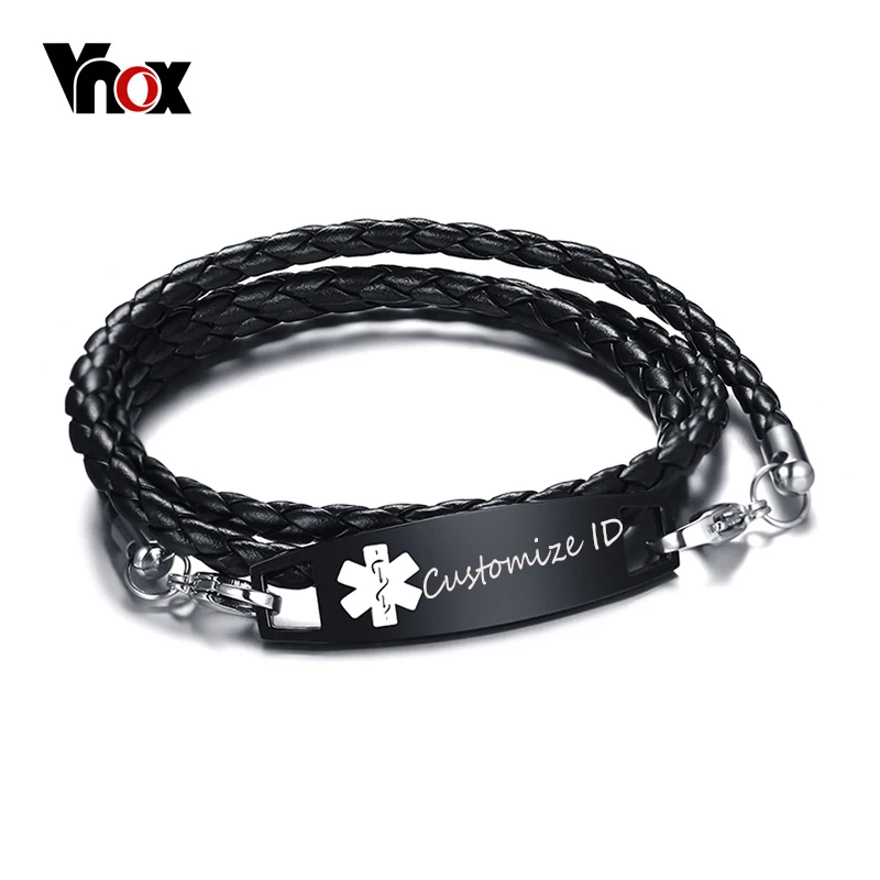 Vnox Personalized Custom Medical Alert ID Bracelet for Men Black Leather Braided Multi layer