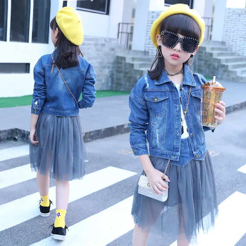 

Kids Clothing Set Girls Denim Jacket Cowboy Coat Mesh Gray Tutu Skirt Two-piece Big Girl Clothes Sets Fashion Ensemble Fille