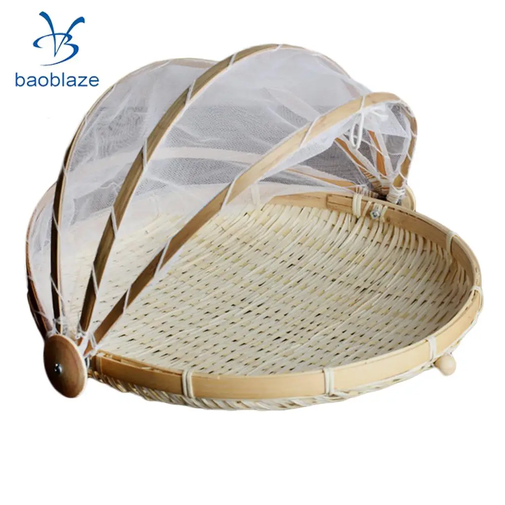 2xBamboo Tent Basket Serving Food Outdoor Picnic Pop Up Mesh Net Cover Round