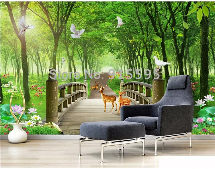 Custom 3D Mural Wallpaper Beautiful Minimalist Leisure Green Tree Forest Living Room Background Wall Decoration Non-woven Mural