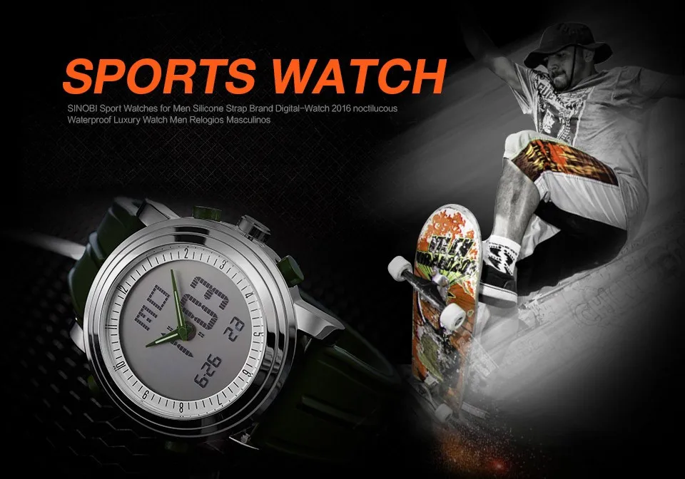 SINOBI Sports Watches Men Dual Display Analog Digital LED Electronic Quartz Wristwatches Men Multifunctional Waterproof Watch