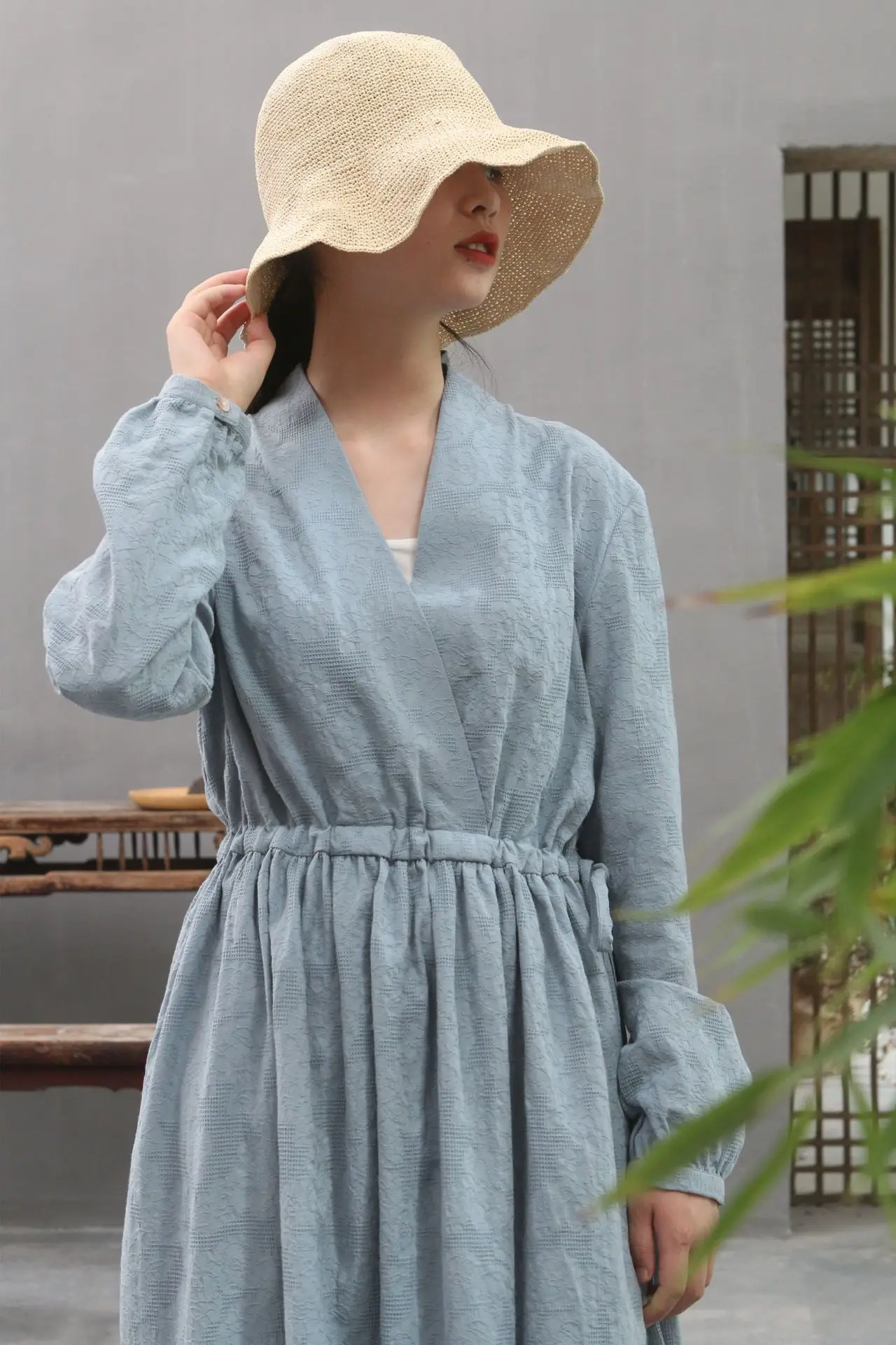 

Spring and summer Dress 2019 Light blue Lantern sleeve Sleeve head Jacquard weave Loose 100% cotton Literary Women dress N263