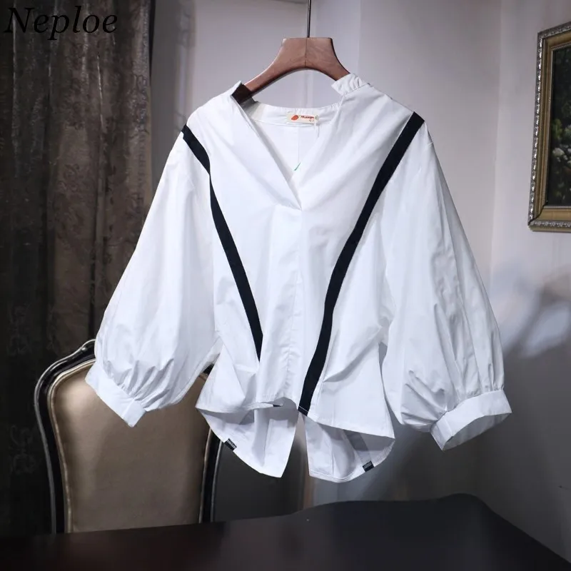 

Neploe Puff Sleeve Patchwork Women Blusas 2019 Spring New Fashion Casual Loose Shirts Long Sleeve V-neck Elegant Blouse 66899