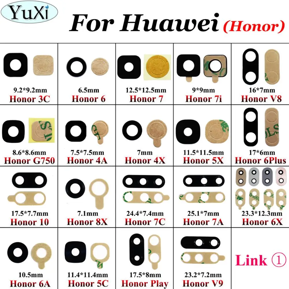 

YuXi For Huawei Honor 7C 7i 7A 6x 6A 5C 5x 4A 4x 3C 6 V8 V9 8x 10 6 Plus Play rear back camera glass lens with Adhesive Sticker