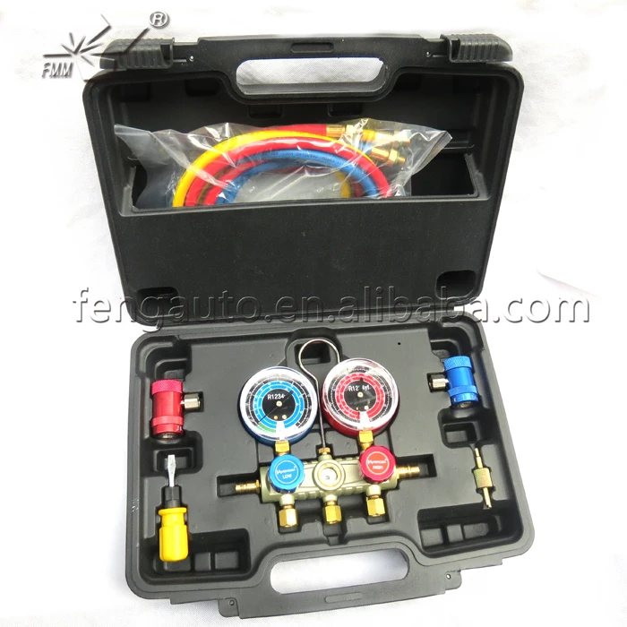 

new model 1234yf manifold gauge set hose set r134a 134a r22 r12 r410a for auto air conditioning tool