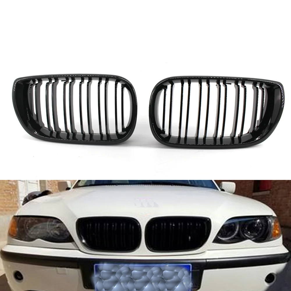 

Gloss Black Double slat Front Kidney Grilles Grill For BMW E46 4D 02-05