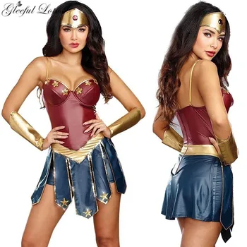 

Wonder Women Costume Leather Dress Women Halloween Faux Leather Bodysuit Stage Show Costume Role Play Sexy Fancy Dress Adult New
