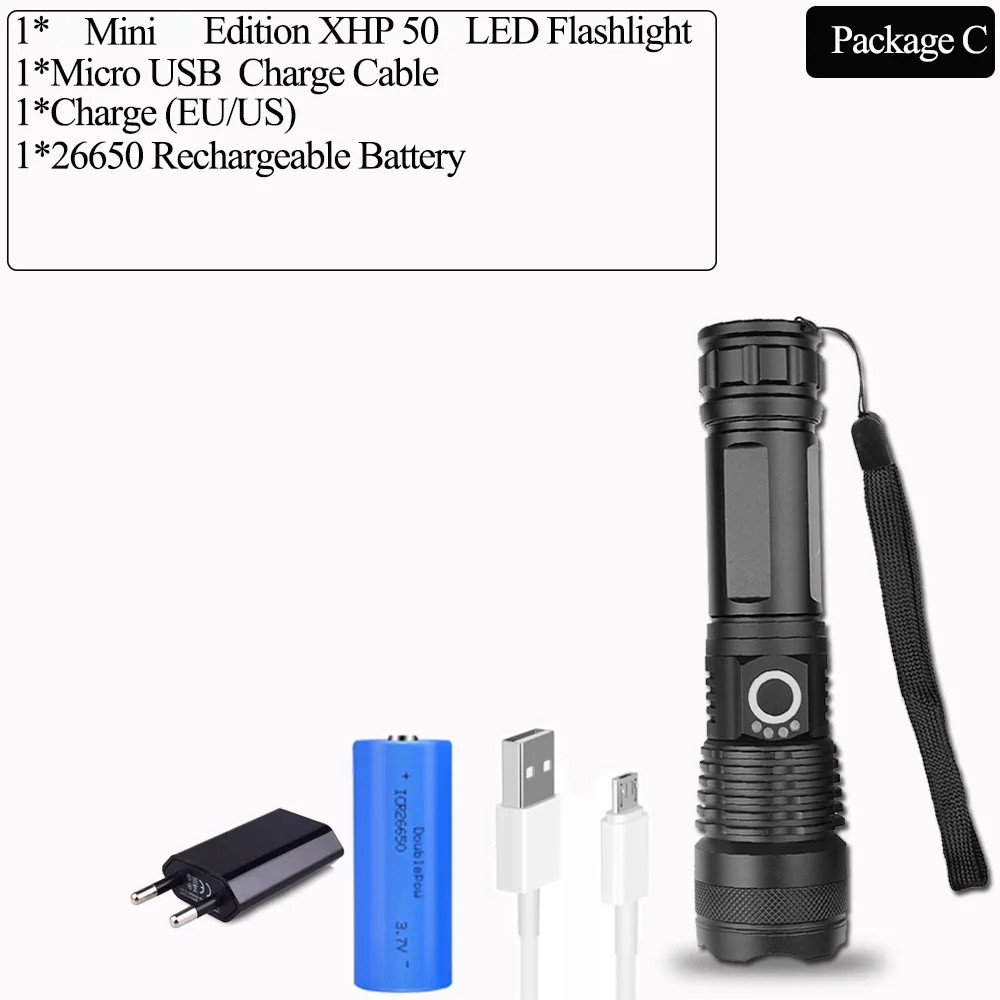 Мощный светодиодный тактический фонарь XLamp xhp70.2 xhp50 с зарядкой от USB, супер яркий фонарь с масштабированием для кемпинга - Испускаемый цвет: Package C