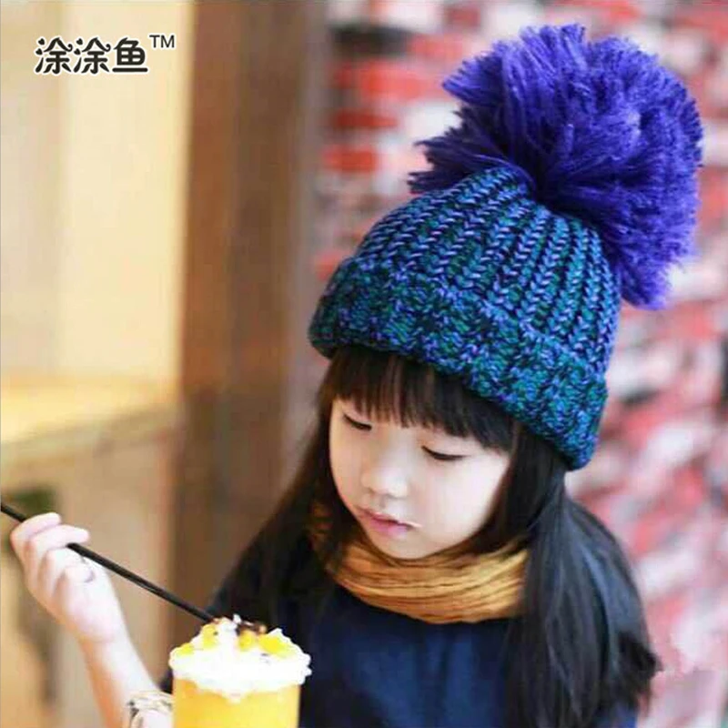 

Free shipping, Autumn and winter hat baby kids knitted hat winter wool hat big ball knitted warm hats for girls
