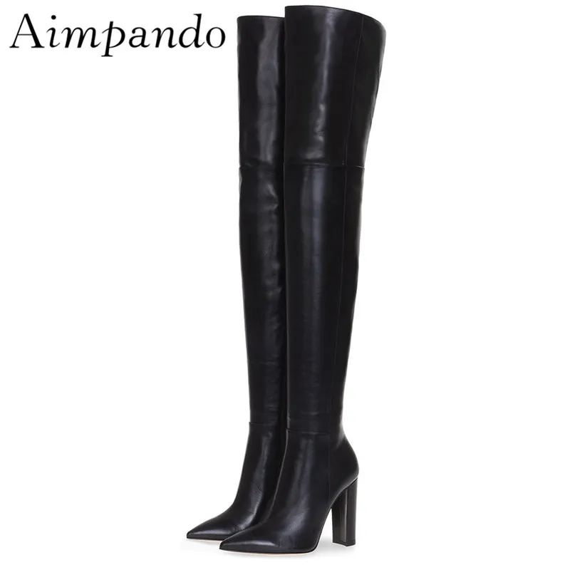 

Sexy Point Toe Over The Knee Boots Chunky Heel Black Autumn Winter High Boots Side Zip New Fashion Long Booties For Women
