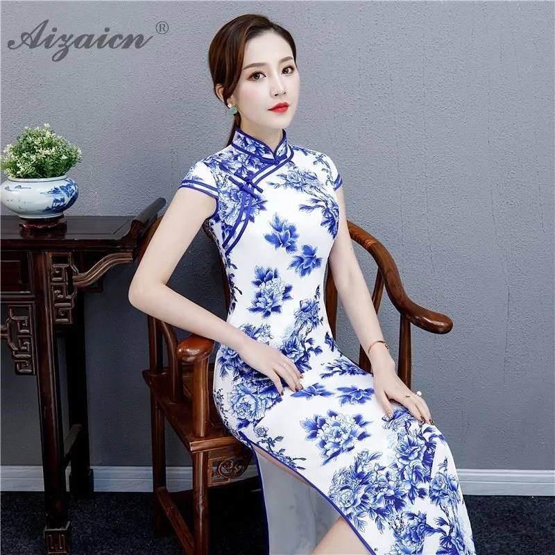 Весна Осень Новые Длинные Cheongsam современный Синий Белый Тонкий Платья Восточный стиль печати Qi Pao китайское традиционное платье женщины