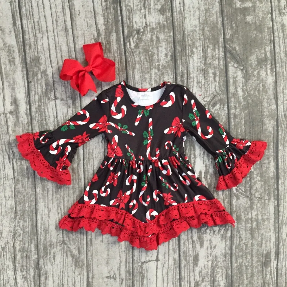 

Christmas girls children clothes baby hook candy cane cotton Fall/Winter long sleeve ruffles dress boutique match accessories