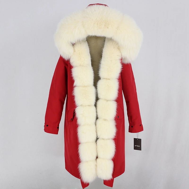 Пальто из натурального меха, брендовая Водонепроницаемая парка X-long, зимняя куртка для женщин, натуральный Лисий меховой капюшон, воротник, Толстая теплая верхняя одежда, съемная Новинка - Цвет: red beige