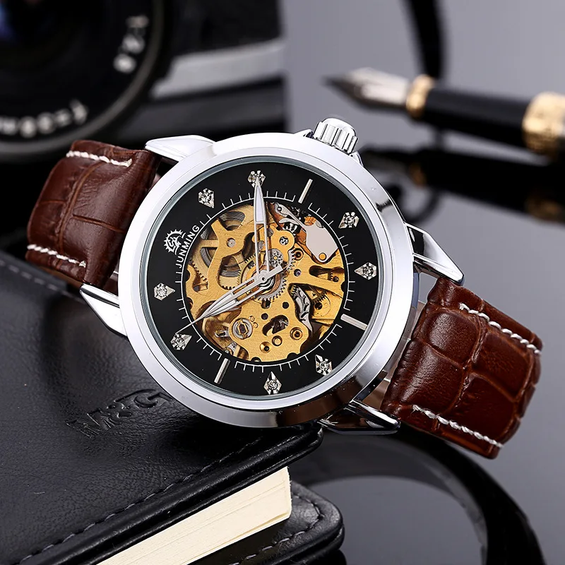 Модные золотые мужские наручные часы с полым циферблатом повседневные