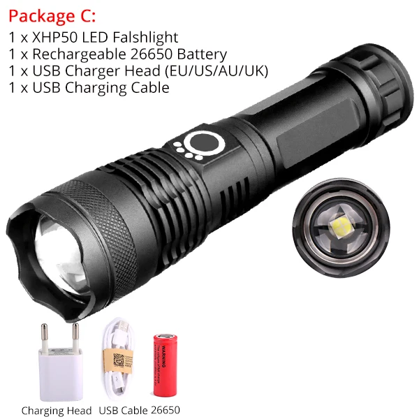 Тактический светодиодный светильник-вспышка, велосипедный светильник, фонарь для охоты, фонарь XHP50, Перезаряжаемый USB Zoom, 5 режимов использования 18650 26650 - Испускаемый цвет: Package C